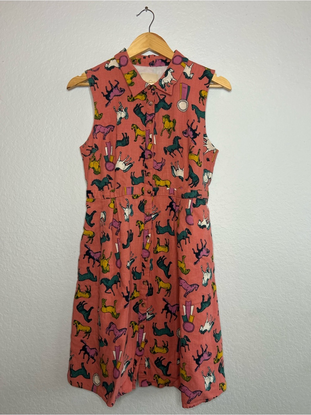 ModCloth Grand Champion Sleeveless Coral Pink Dress with Multicolor Horse Print
